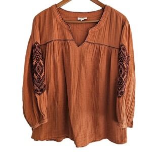 J Jill 2X Gauze Embroidered Tunic Top Orange Balloon Sleeve V Neck Boho Hippie